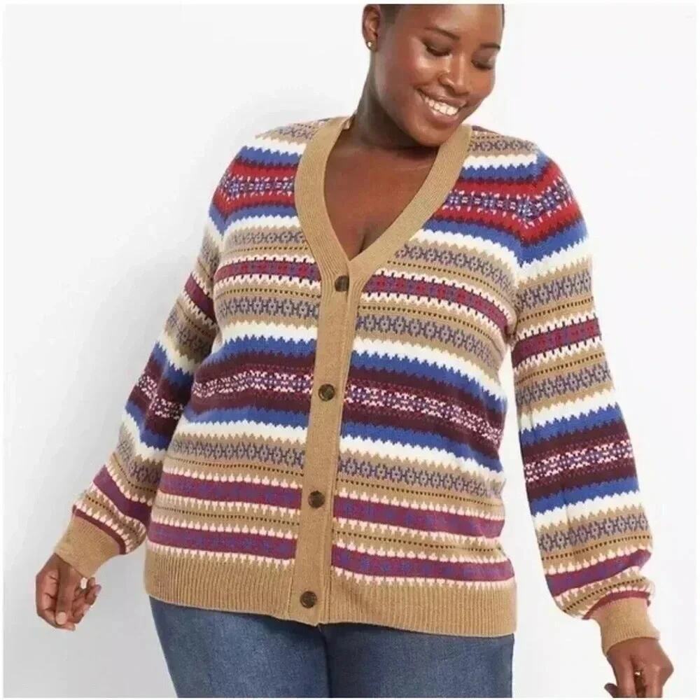 Lane Bryant Women's Cardigan Striped Fair Isle v-neck winter tradmom plus size